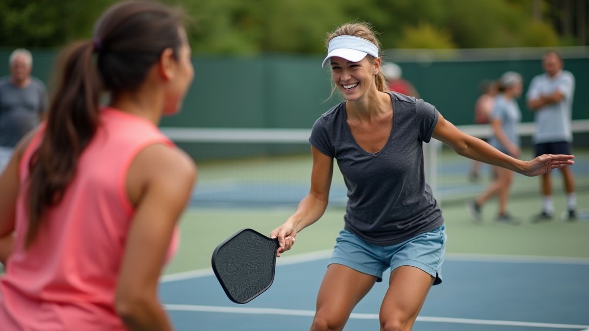Een pickleball les met diverse deelnemers die glimlachen en leren
