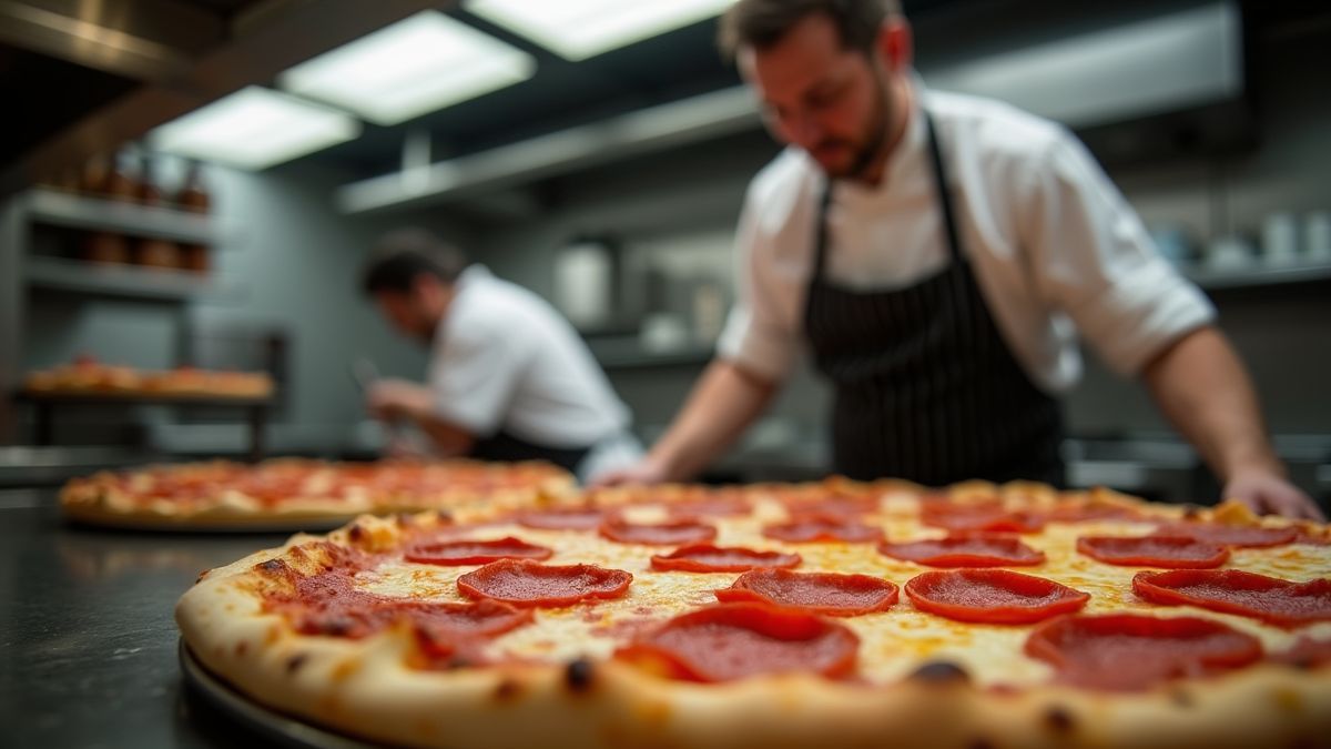 Een pizzabakker die vakkundig peperoni pizza's bereidt in een professionele keuken.