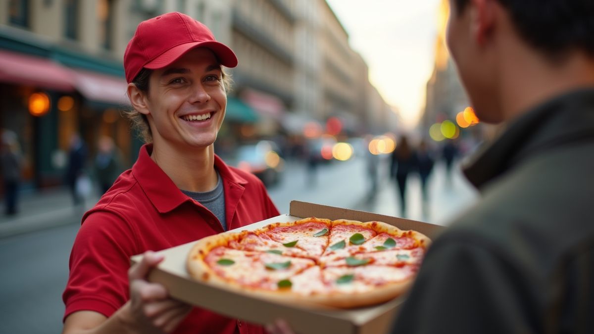 Een pizzabezorger overhandigt pizza aan een klant in een drukke straat.