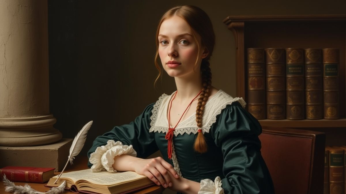 Een portret van Anne Bradstreet in een koloniale omgeving