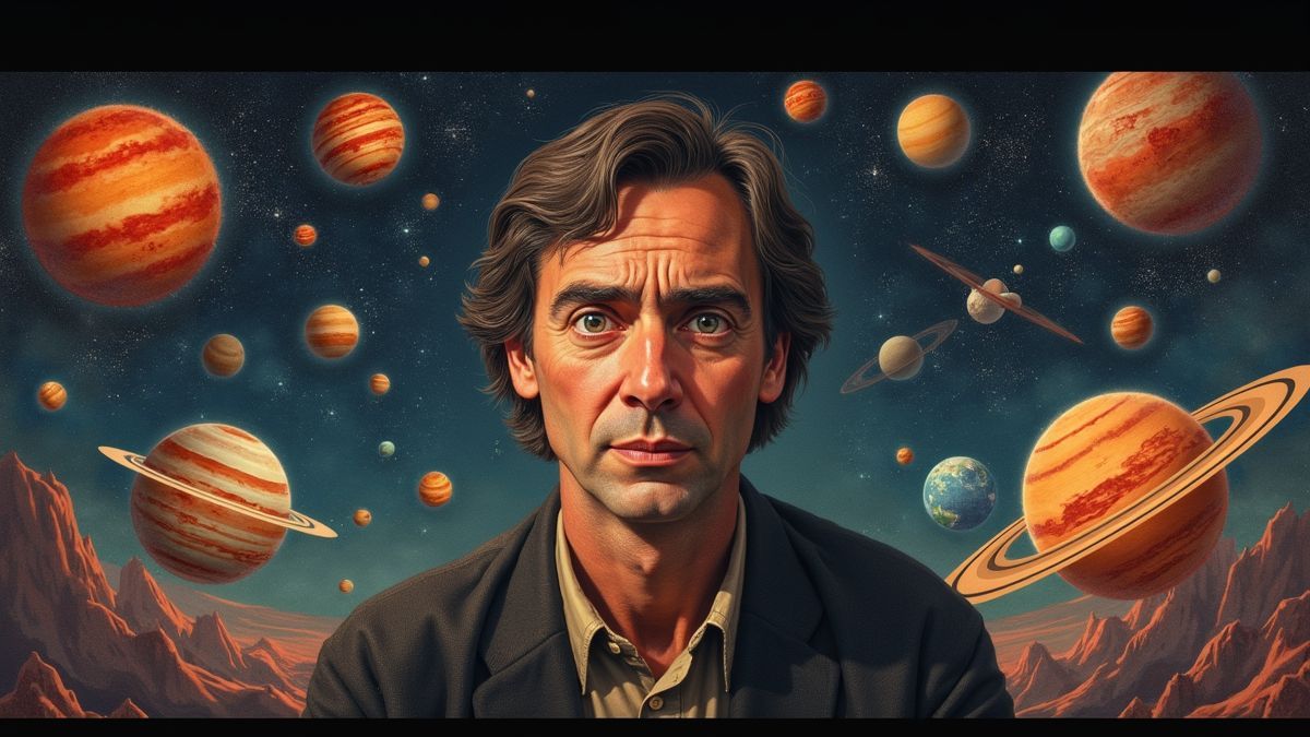 Een portret van Carl Sagan omringd door beelden van zijn boeken en planeten.