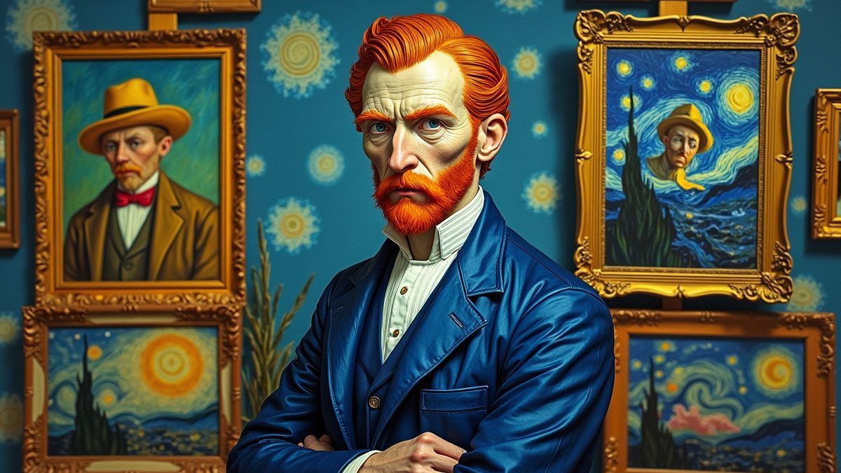 Een portret van Vincent van Gogh omringd door zijn beroemde schilderijen