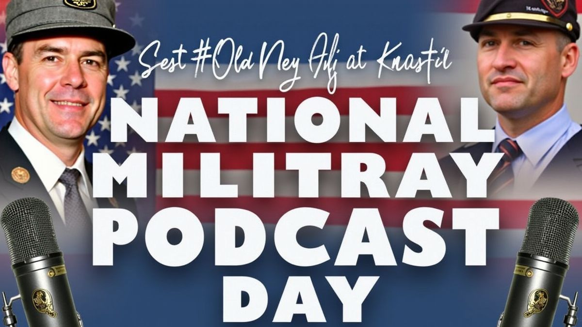 Een poster ter ere van Militaire Podcast Dag met afbeeldingen van veteranen en microfoons.