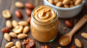 Een pot romige pindakaas met verschillende noten op tafel