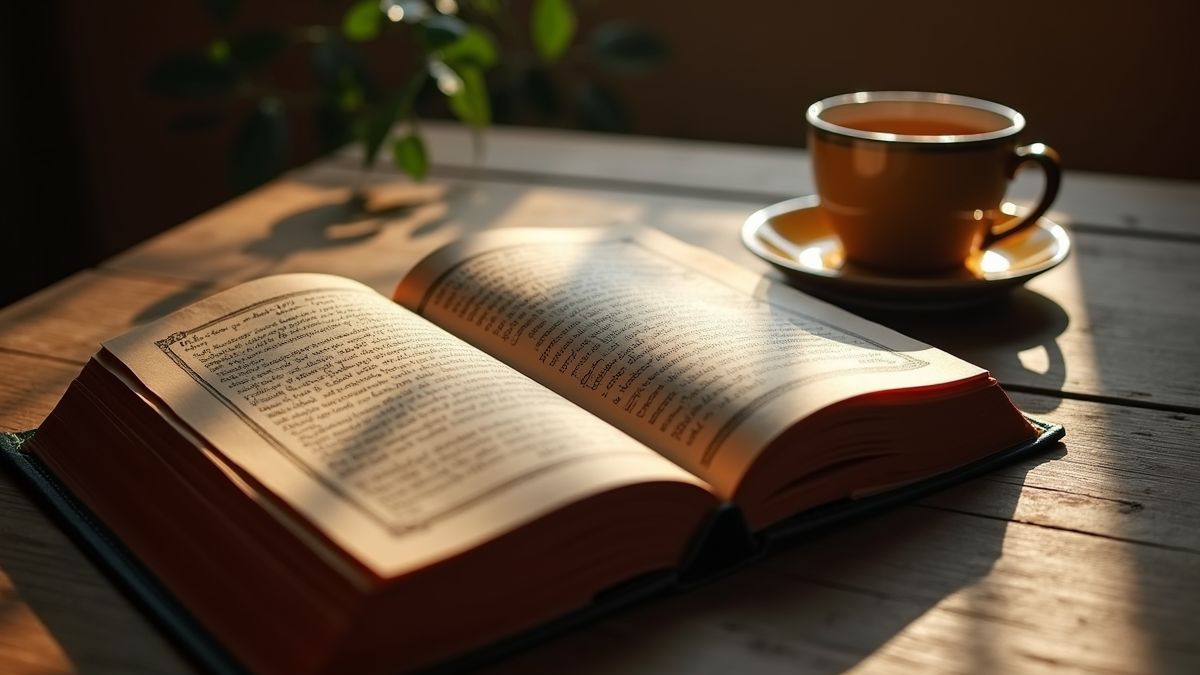 Een poëzieboek van Rumi met een kopje thee