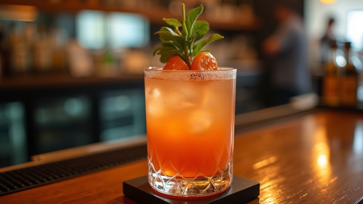 Een prachtig bereide sake cocktail met garnering op een bar.