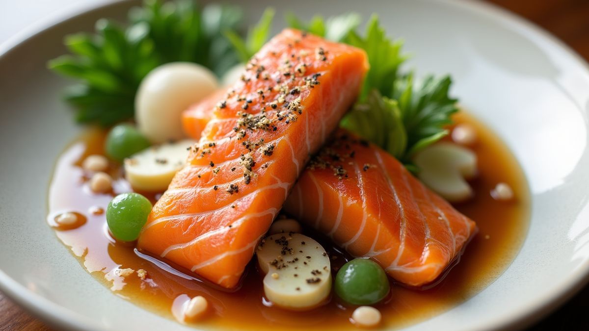 Een prachtig gepresenteerd gerecht met sake als ingrediënt.