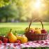 Een prachtig ingerichte picknick met een mand en fruit.