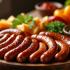 Een prachtig opgemaakt bord met verschillende bratwursts en bijgerechten.