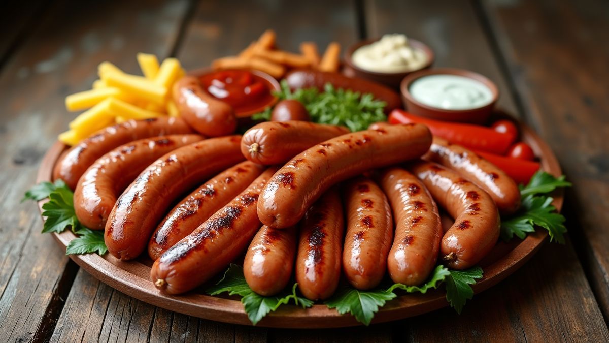 Een prachtig opgemaakt bord met verschillende bratwursts en bijgerechten.