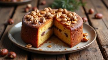 Een prachtig versierde hazelnootcake met noten.