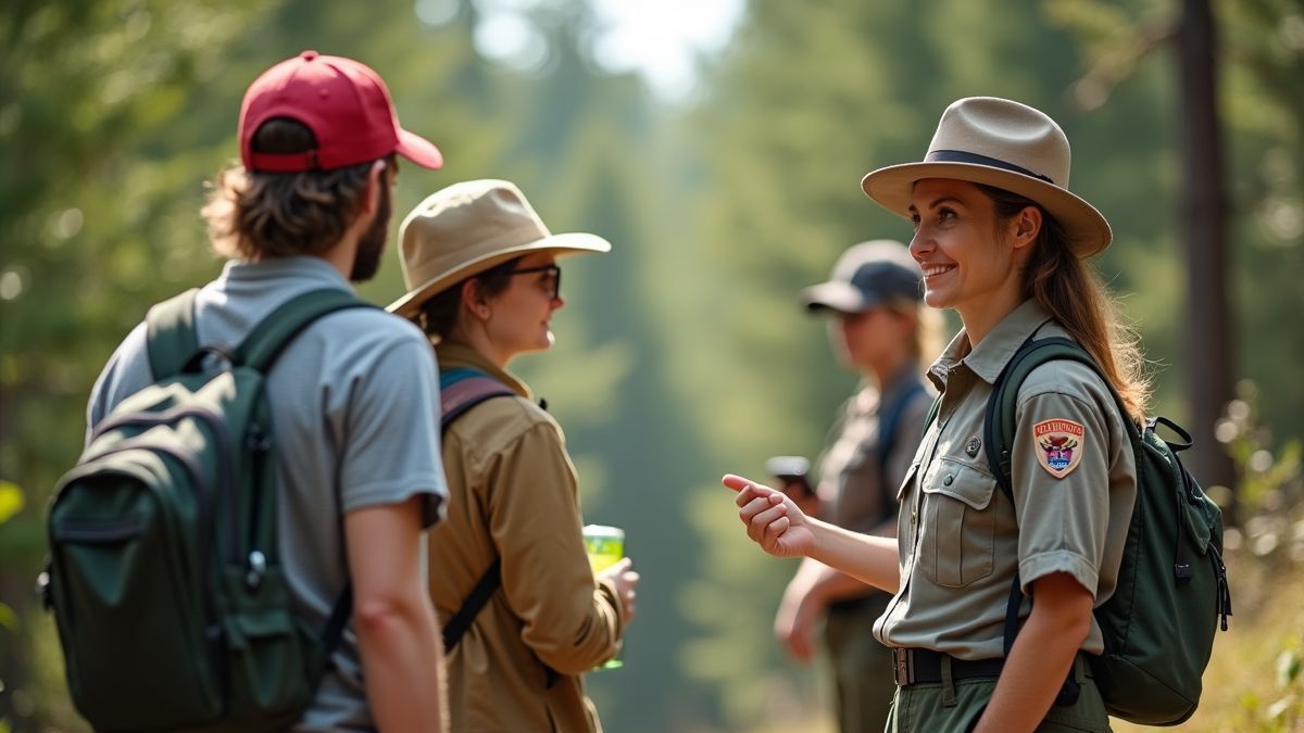 Een ranger die interactie heeft met bezoekers in een natuurpark