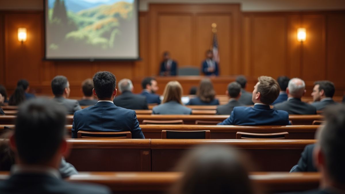 Een rechtszaal met mensen die gemeenschapsrechtelijke steun vertegenwoordigen.