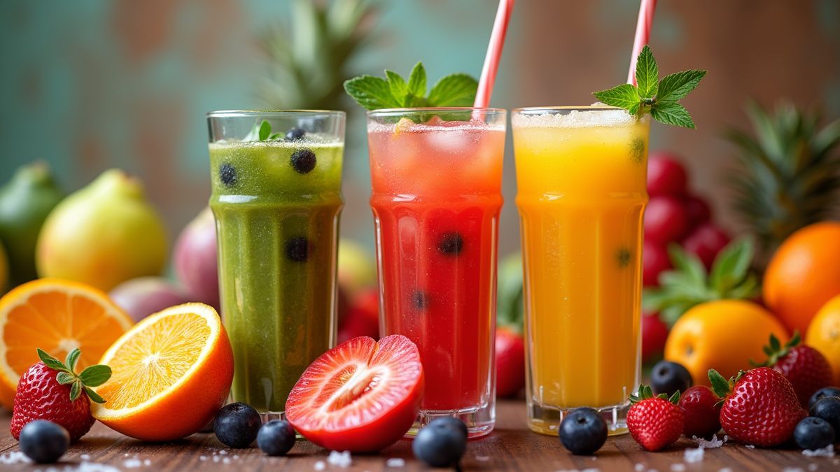 Een retro-stijl fruitcocktail presentatie met kleurrijk fruit