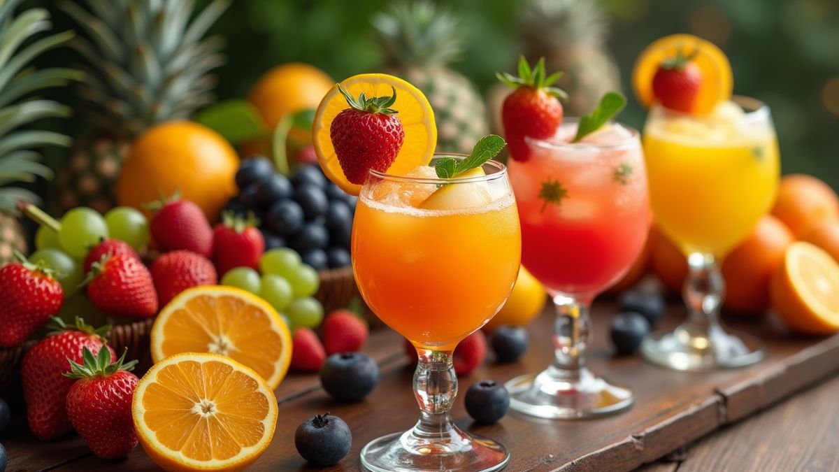 Een retro-stijl fruitcocktail presentatie met kleurrijk fruit