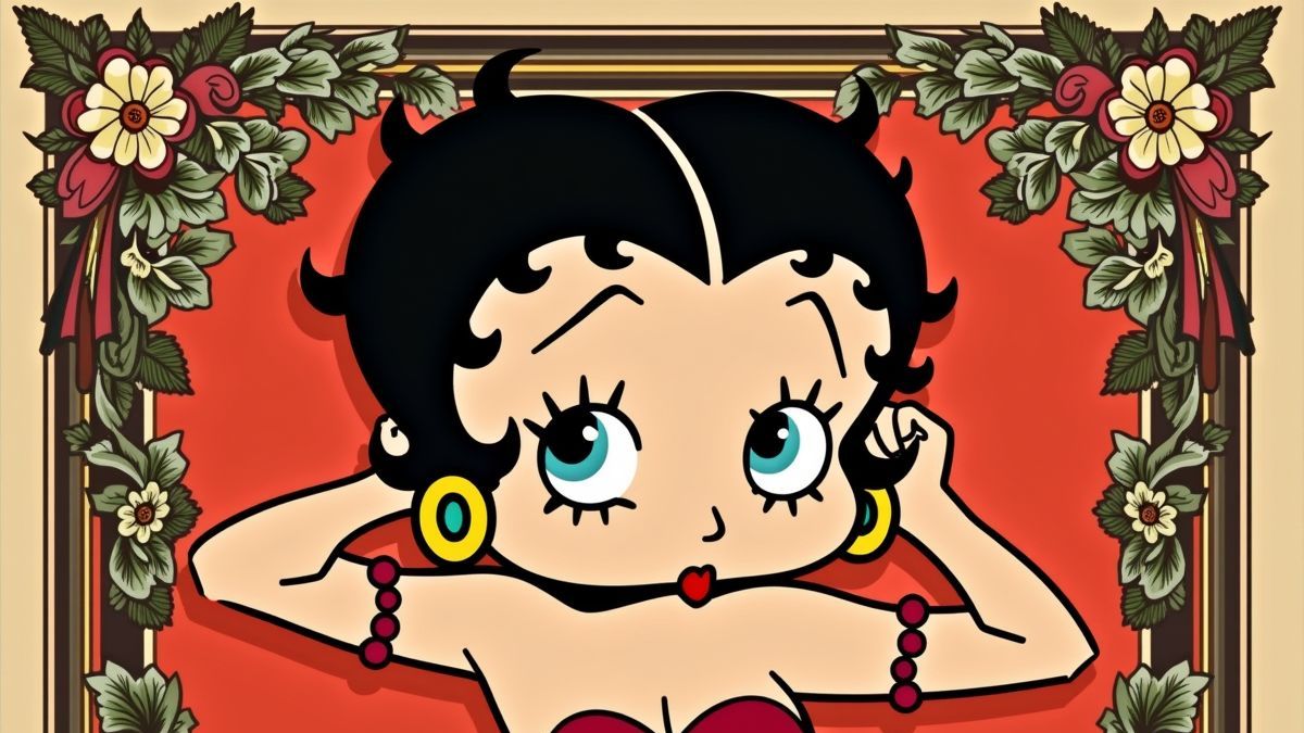 Een retro-stijl poster met Betty Boop omringd door flapper-decoraties.