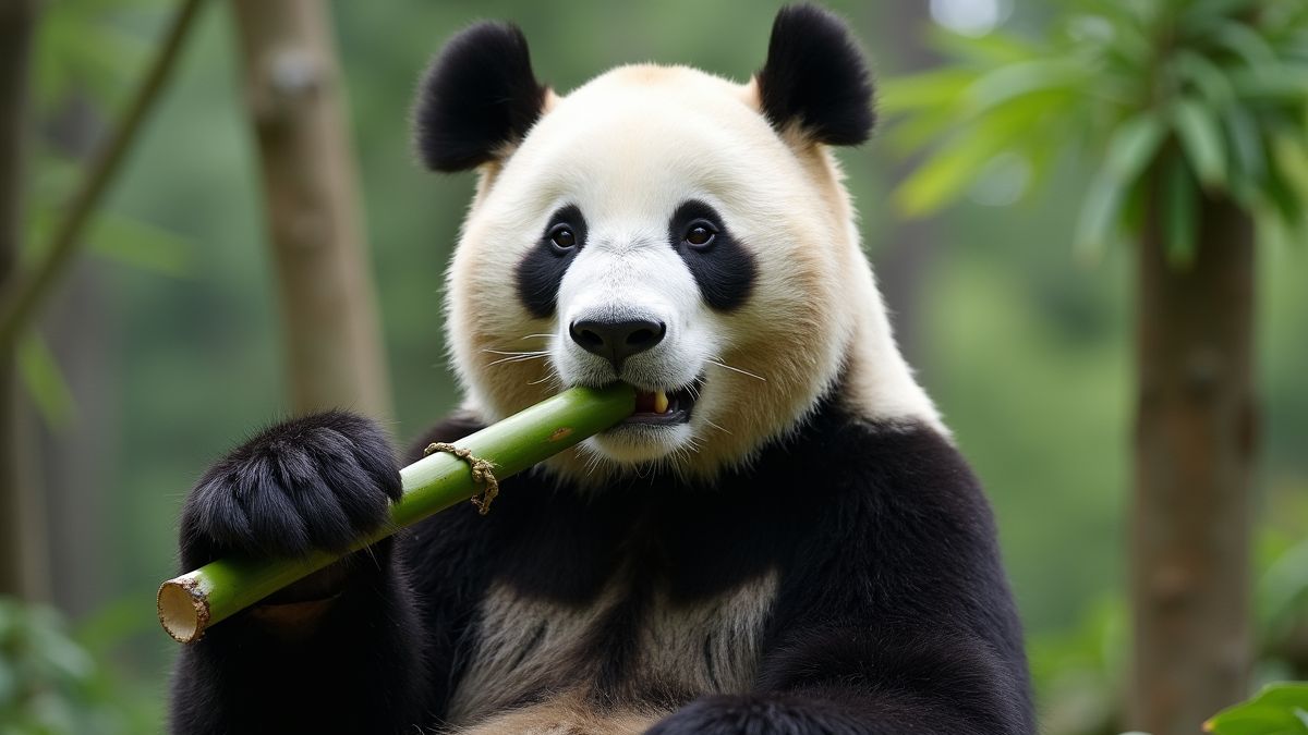 Een reuzenpanda die bamboe eet in een bos