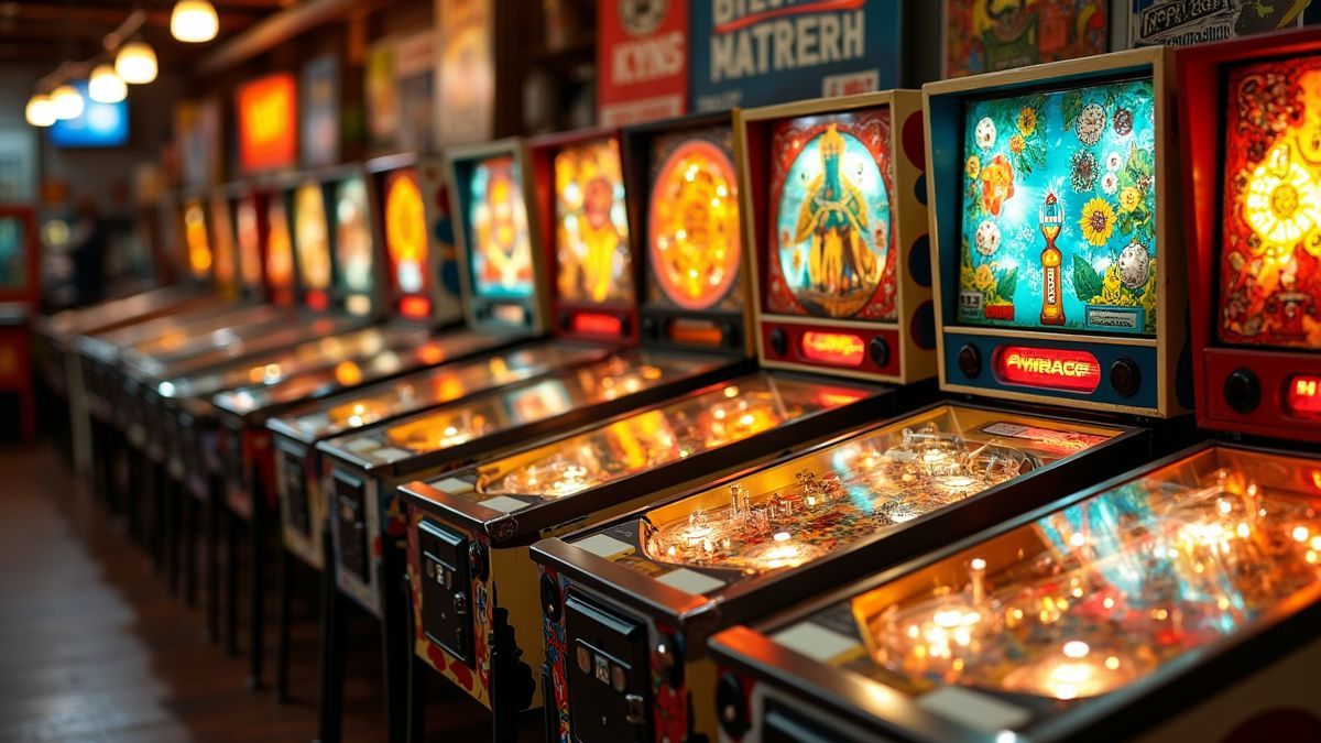 Een rij kleurrijke vintage flipperkasten in een arcade