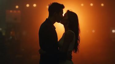 Een romantische eerste kus tussen twee jongeren in een sfeervolle omgeving.