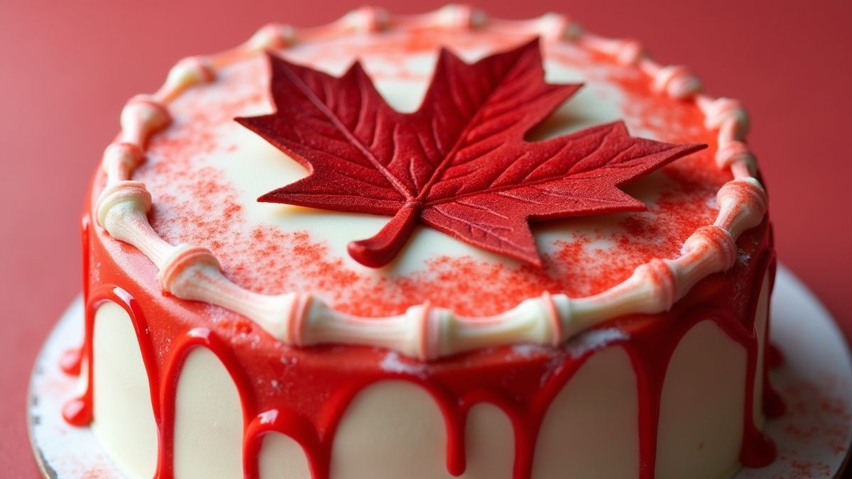 Een rood-witte taart met esdoornbladdecoratie
