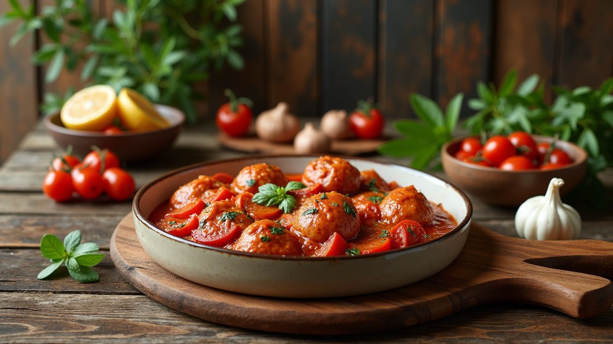 Een rustieke keukentafel met ingrediënten voor Kip Cacciatore