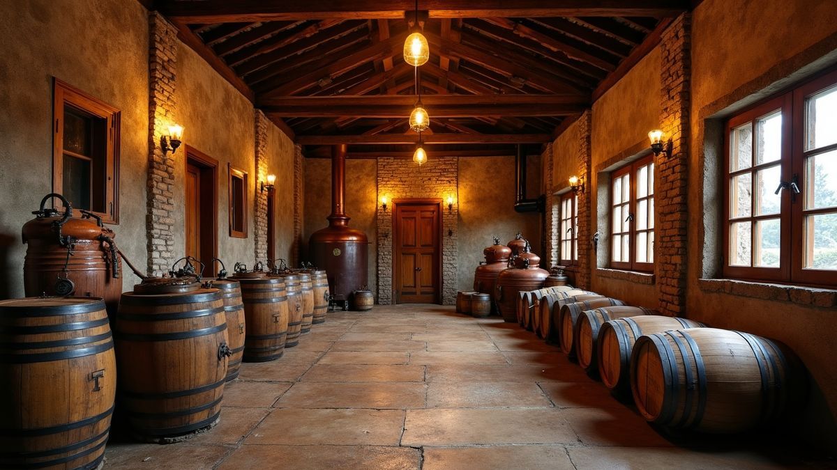 Een rustieke rumdistilleerderij met vaten en fermentatietanks