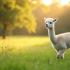 Een rustige alpaca in een weelderig groen landschap met zacht zonlicht