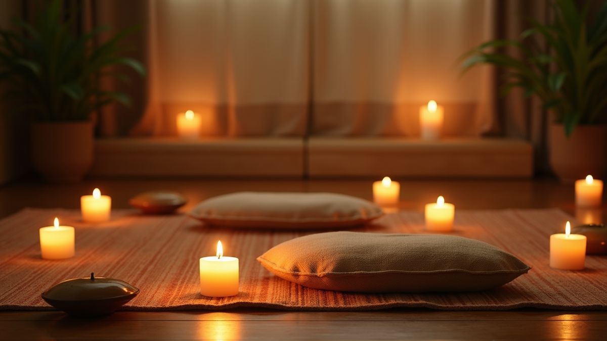 Een rustige binnen meditatieomgeving met kaarsen en kussens.
