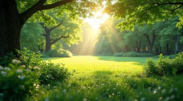 Een rustige buitenomgeving met een heldere zonneschijn door de bomen