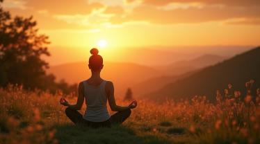 Een rustige meditatiescene in de natuur bij zonsondergang.