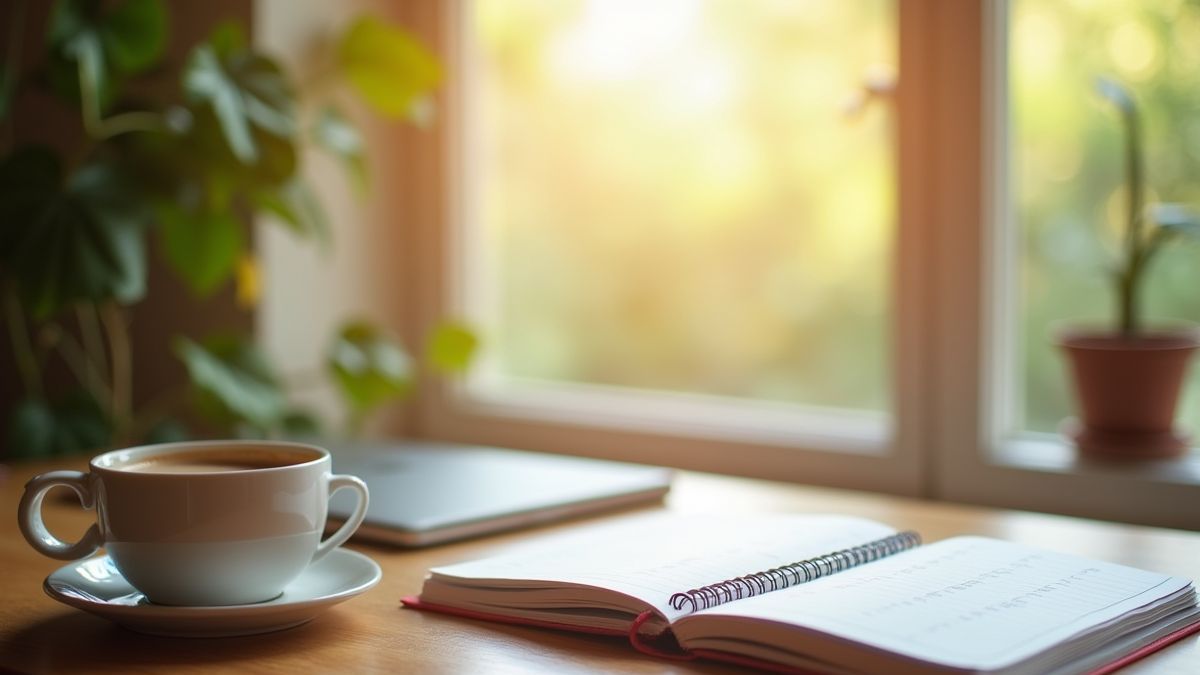 Een rustige werkplek met een planner en koffie