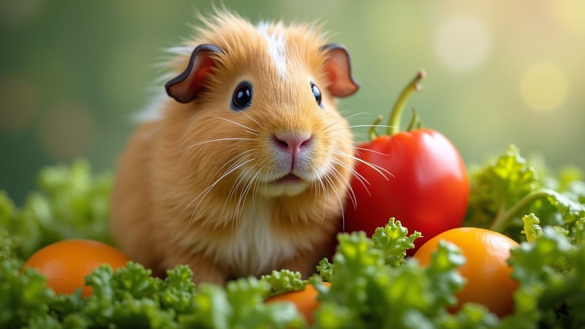 Een schattige cavia op een bed van verse groenten