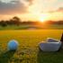 Een schilderachtig golfbaan bij zonsondergang met golfclubs en een bal op de voorgrond