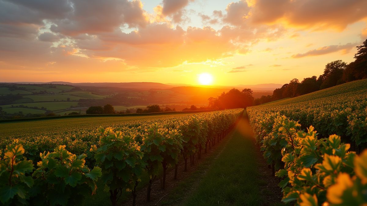 Een schilderachtig wijndomein in de Cognac regio tijdens zonsondergang.