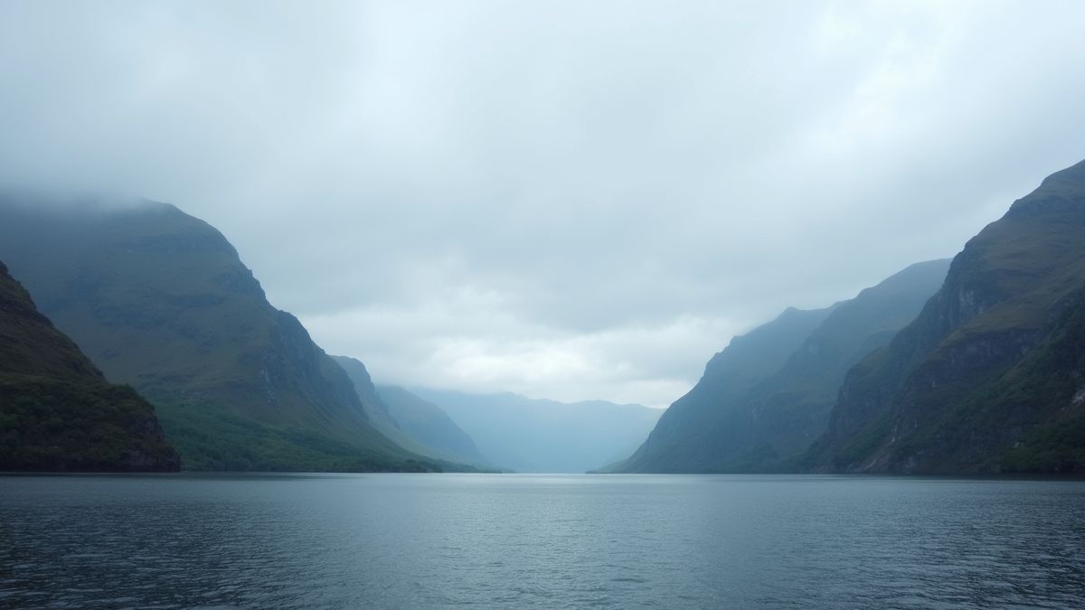 Een schilderachtige blik op Loch Ness met mistige bergen en diepe wateren.