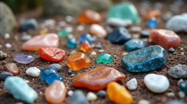 Een schilderachtige buitenomgeving met een verscheidenheid aan kleurrijke stenen en mineralen