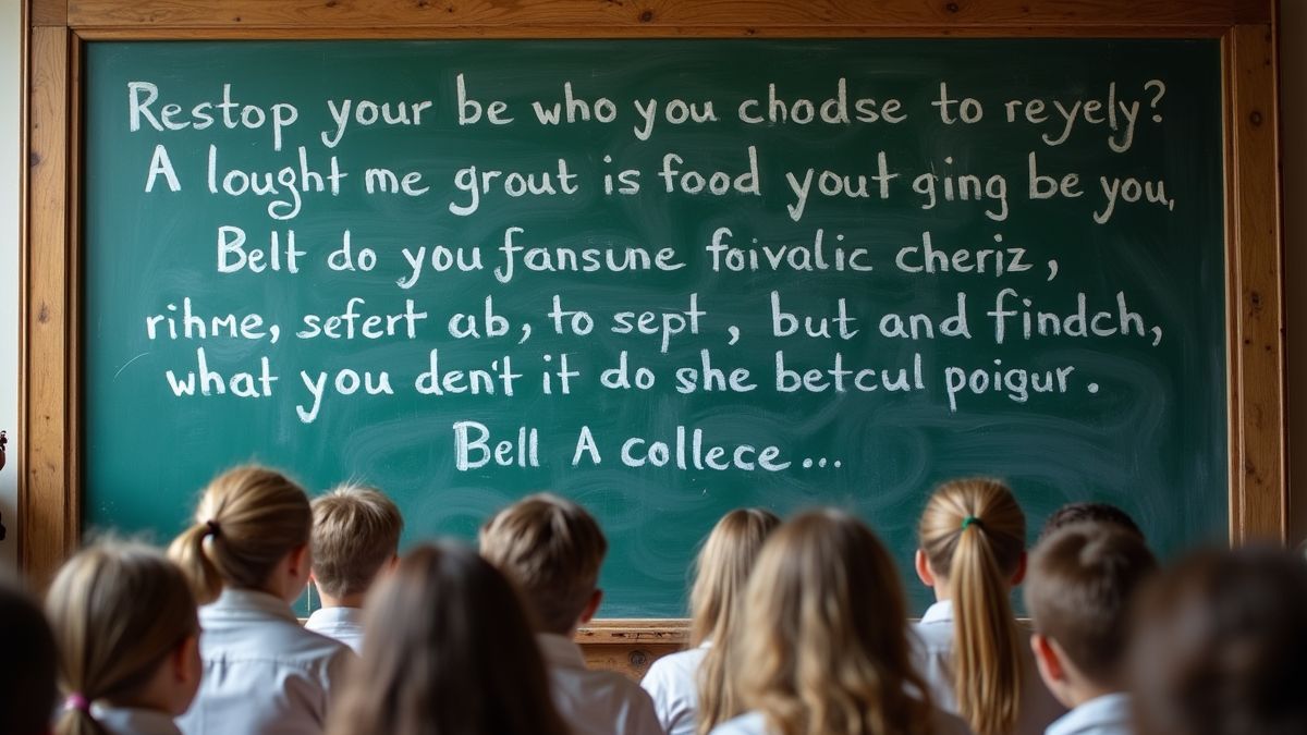 Een schoolbord met lange woorden, omringd door studenten.