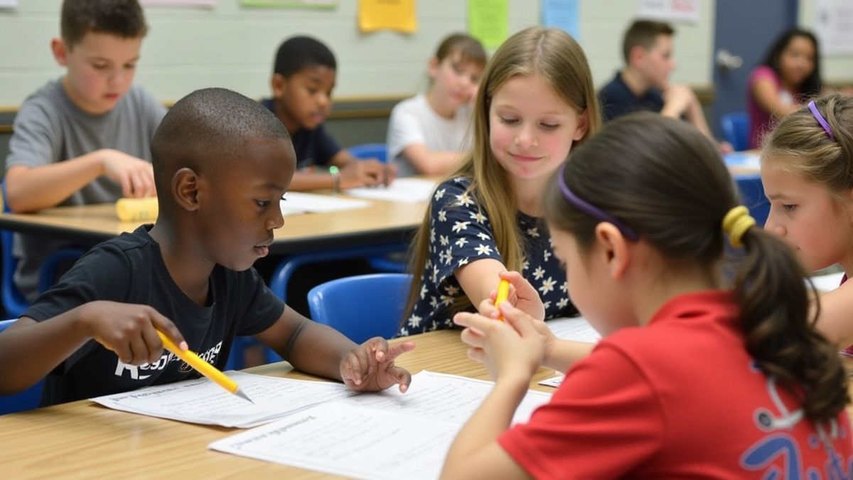 Een schoolbord met lange woorden, omringd door studenten.