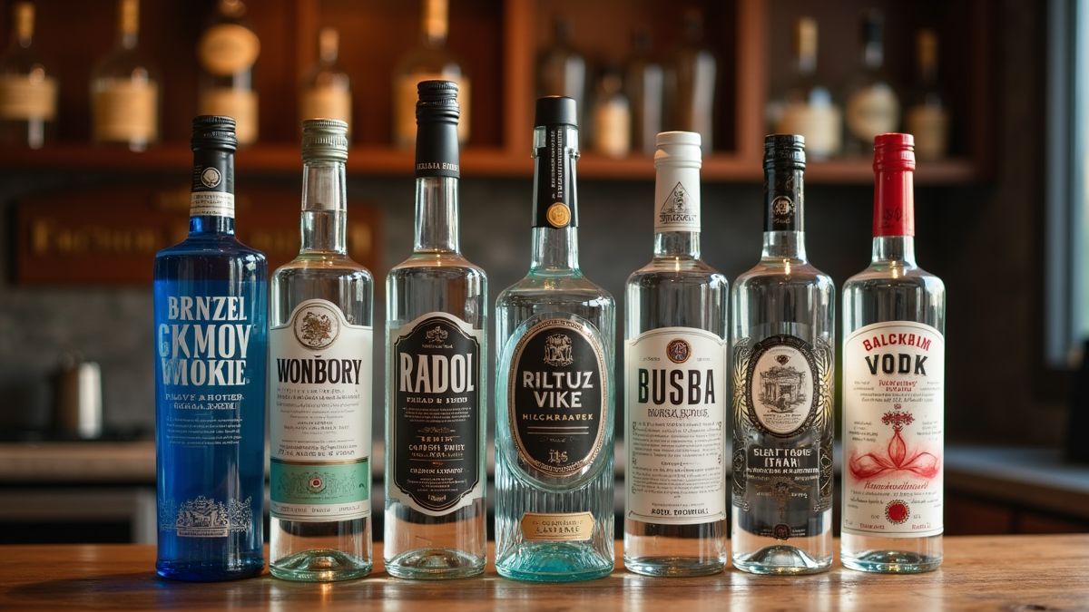 Een selectie premium vodka-flessen op een houten tafel