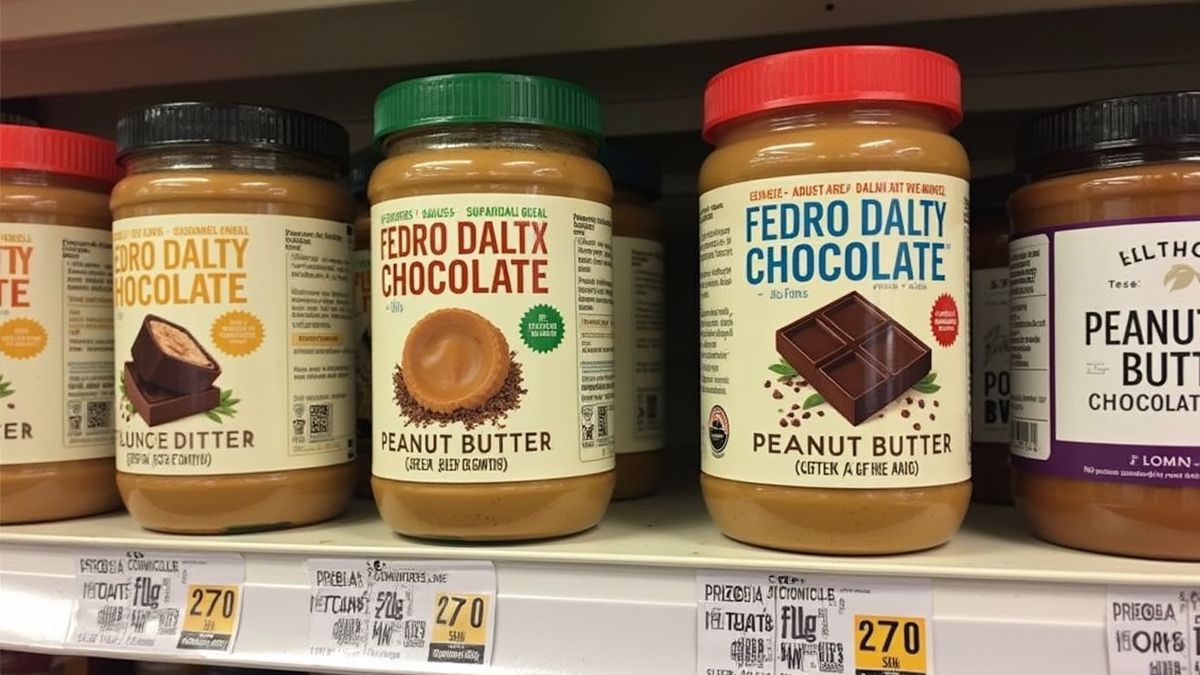 Een selectie van duurzame pindakaas en chocolade producten in de winkel.