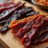 Een selectie van verschillende jerky smaken op een houten plank.