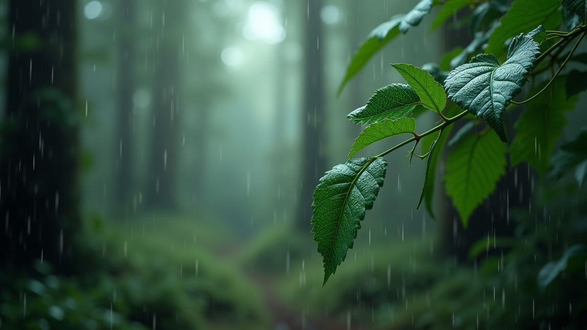 Een serene boslandschap met regendruppels op de bladeren