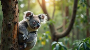 Een schattige koala zittend op een eucalyptusboom met een groene achtergrond.