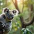 Een serene eucalyptusbos in Australië met een koala die op een tak rust.