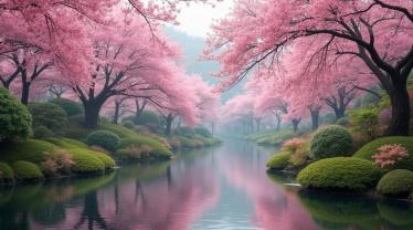 Japanse tuin met bloeiende bloemen