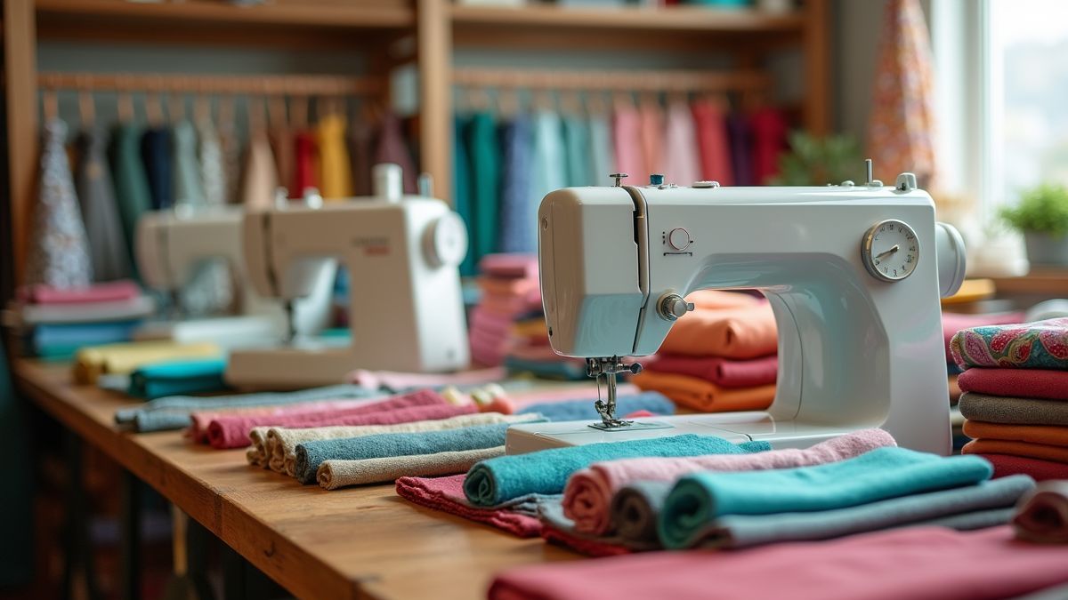 Een serene naaiwerkplaats met een verscheidenheid aan kleurrijke stoffen