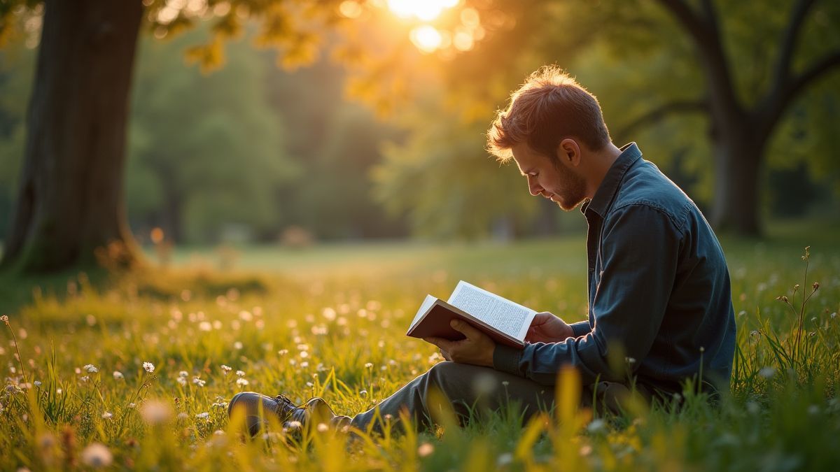 Een serene omgeving met een persoon die een boek buiten leest