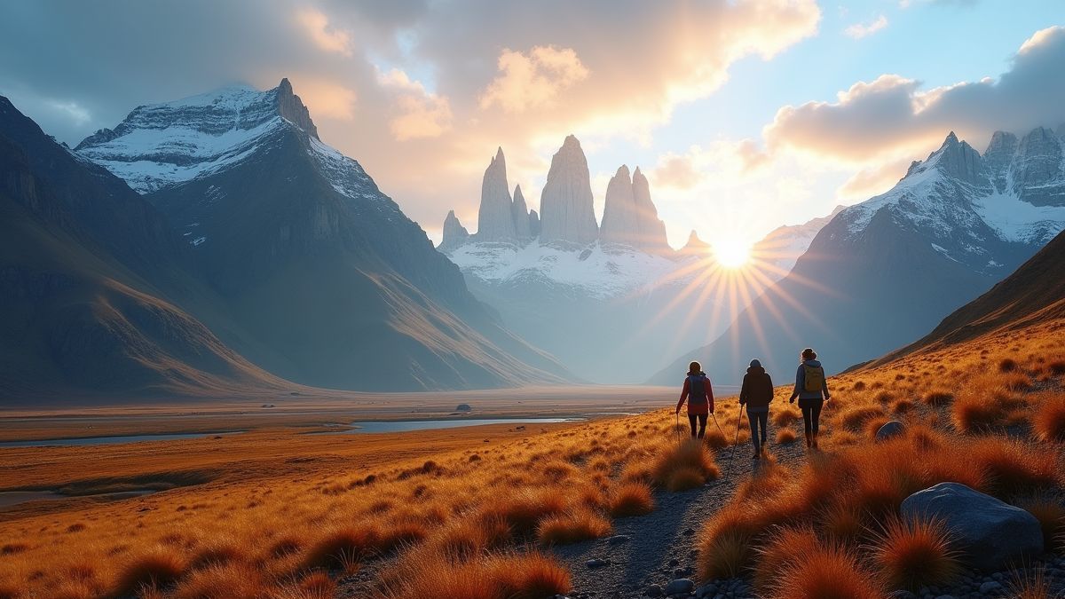 Een serene Patagonische landschap met vierende mensen tijdens het solsticemoment.