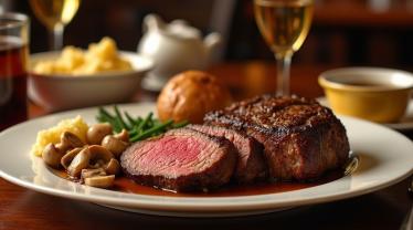 Een smakelijk bord prime rib steak geserveerd met bijgerechten.
