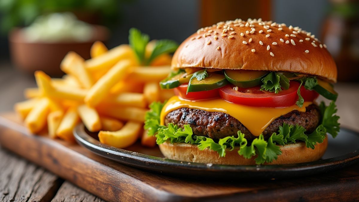 Een smakelijke cheeseburger met verse toppings en frietjes.